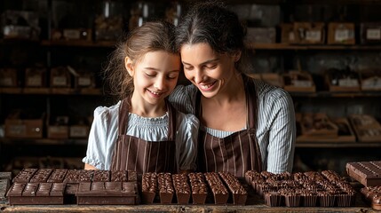 Happy mother and daughter making chocolate candies together in a cozy kitchen