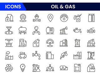 Robust vector web line icons depicting oil and gas, drilling, pipelines, refineries, and energy production for industrial operations.