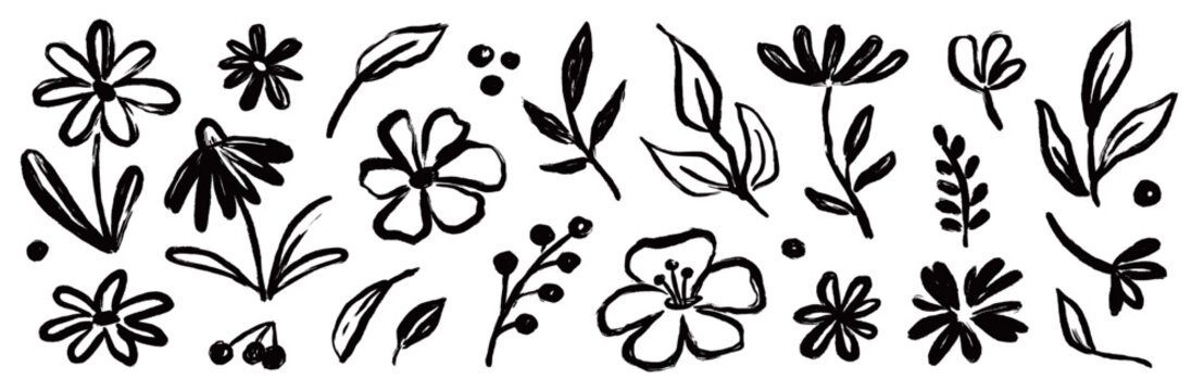 Flower brush hand drawn vector set. Hand drawn doodle flower, floral leaf elements in brush stroke ink style. Simple abstract botanical silhouette set for nature black paint art. Vector illustration