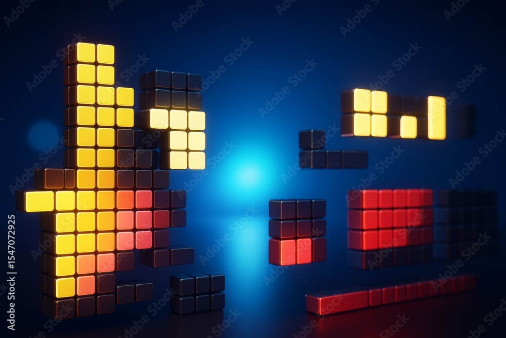 Poster Glowing abstract blocks forming pixel art style shapes on a dark blue background with bright gradient light and digital game-inspired design concept.