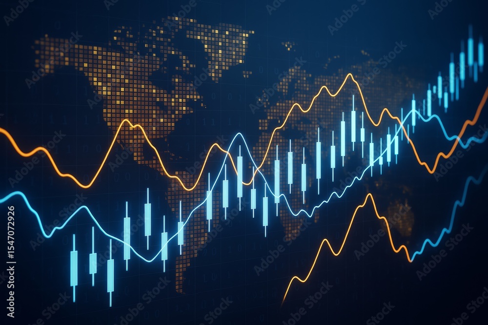 Poster financial market graph with glowing lines and candlestick chart over world map background, illustrat