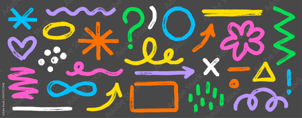 Poster abstract shape brush paint set. hand drawn crayon marker stroke abstract shape arrow, blob, line tex
