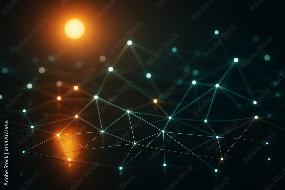 Poster Abstract glowing network of connected points and lines with orange and blue light on dark background, symbolizing futuristic digital connectivity.
