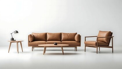 Living Room Arrangement with Sofa and Armchair on White Backdrop