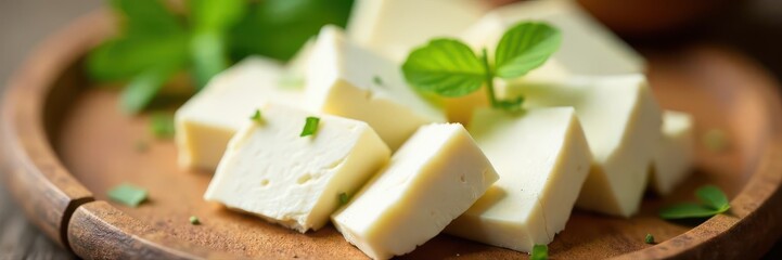 Creamy white feta slices,briny texture, close-up, isolated, ingredients