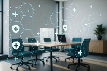 Futuristic digital health interface overlay on modern office background with glowing hexagonal medical icons and symbols in light blue tones.