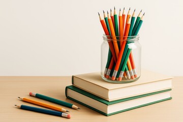 Fototapeta premium Colorful pencils in a glass jar placed on stacked books with three pencils beside, on wooden table against light background. Ai generative.