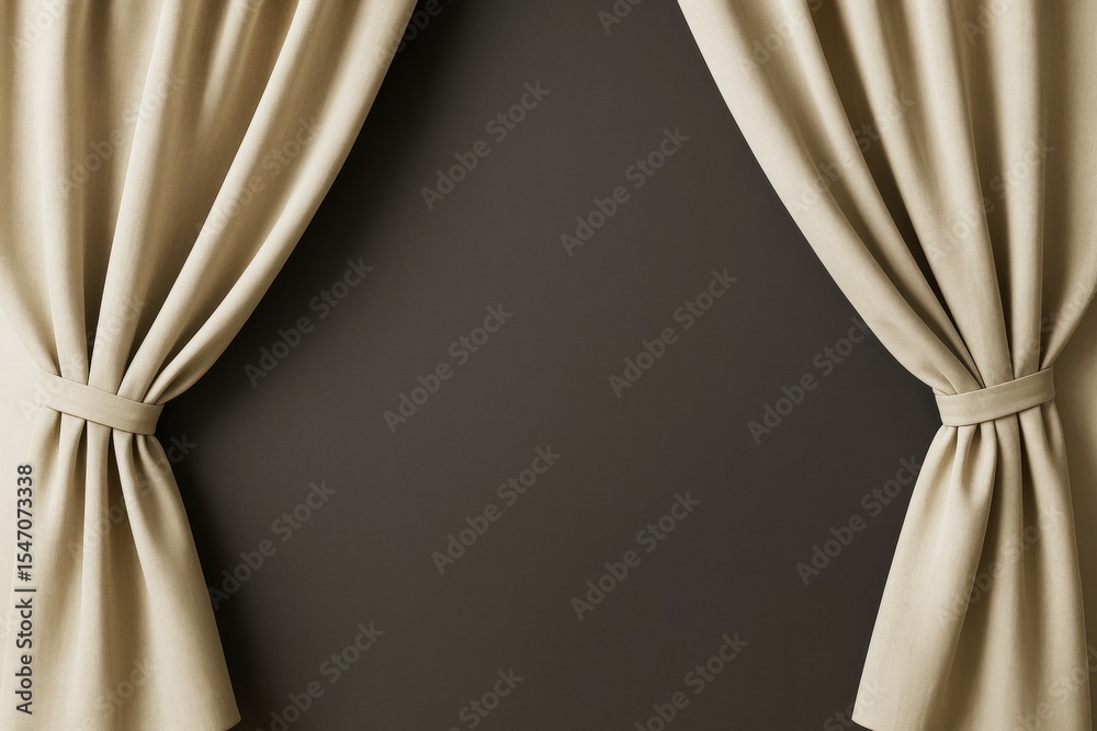 Poster beige curtains pulled to the sides revealing empty dark background for template or graphic design wi