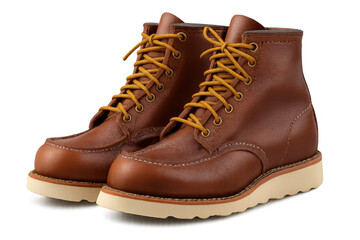 Rugged leather work boots highlighting skilled craftsmanship, standing on transparent background for professional design applications