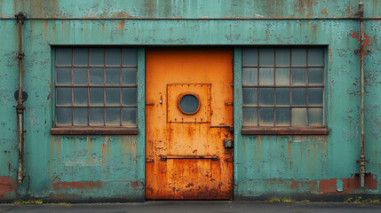 Naklejka premium Orange door, weathered green wall, industrial building exterior
