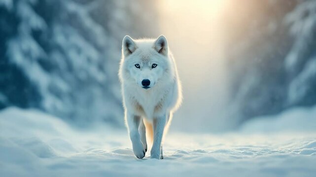 White wolf walking in snowy forest under soft sunlight, showcasing wild animal beauty and nature serenity with cold winter snow, thick fur coat, and focused gaze in majestic natural scene