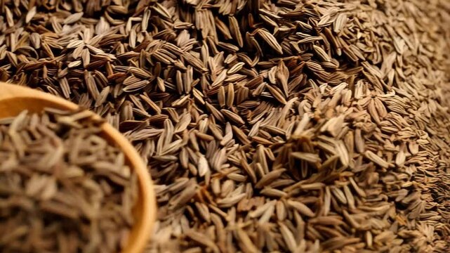 Close-up of cumin seeds in a wooden spoon and scattered as a spice or ingredient in culinary preparations and cooking.