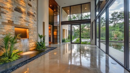 62.A sleek contemporary hallway with a natural stone accent wall, polished concrete flooring, floor-to-ceiling glass panels showcasing a tranquil courtyard with a minimalist water feature and lush