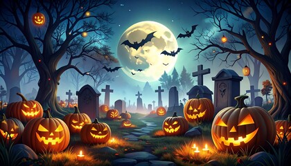 Spooky Halloween Night in a Cemetery