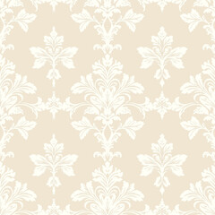 The rococo damask, a cream-colored, white-flowered, cream-colored vector pattern, Ivory on Soft Beige, represents a calm, elegant mood, used for tile wallpapers and other vector patterns.