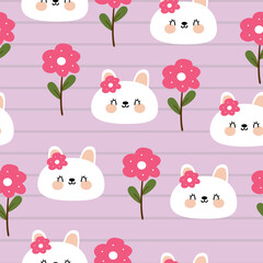 Obraz premium Seamless pattern cute cartoon bunny and pink flowers. cute animal drawing wallpaper and background