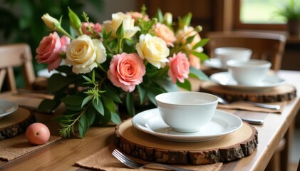 Rustic wooden chargers, floral centerpiece, white china, textured placemats , white wall, apartment