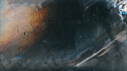 Distressed background. Old film overlay. Orange blue dust scratches drops noise wet stains...