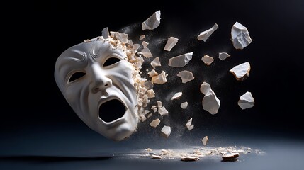 A Shattered Theatrical Mask of Tragedy, Symbolizing Emotional Breakdown, Vulnerability, and the Breaking of a Façade, Set Against a Dramatic Black Background