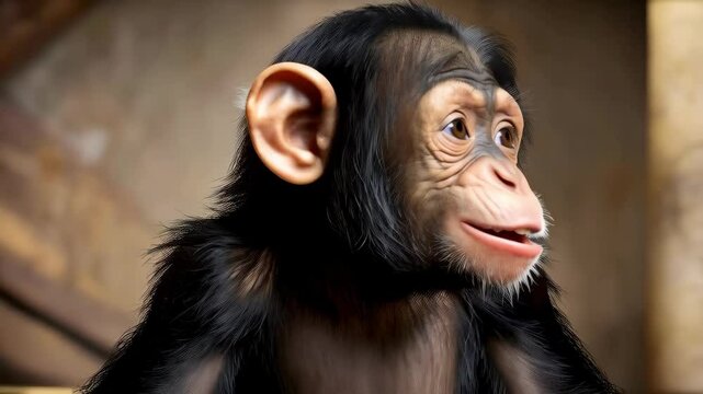 A photorealistic young chimpanzee laughing with closed eyes, showing joy and happiness with detail skin textures and black fluffy hair