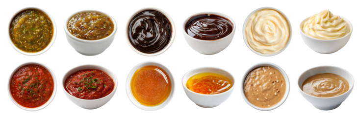 Set of different flavour sauce dip ketchup in white bowl saucer, side top view, on transparent cutout PNG. Honey maple, mayonnaise mayo, Chutney, chocolate, peanut, marinara flavour. Mockup template	
