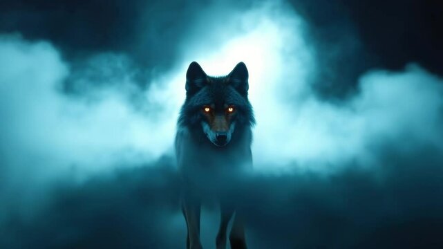 Wolf with glowing eyes prowling dark misty forest at night, wild predator mammal in eerie blue fog, mysterious animal scene showcasing untamed nature and haunting wilderness ambiance
