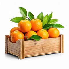 A wooden crate filled with oranges and leaves on a transparent background