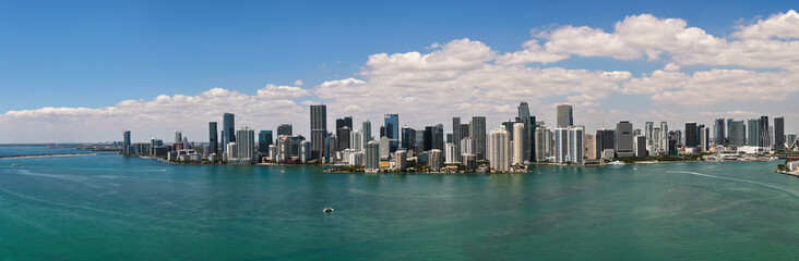 Fototapeta premium Aerial view of Brickells skyline. Panoramic cityscape of Brickell Miami. Skyscrapers of Brickell. Scenic view of the Brickell financial district. Brickell in Miami Beach.