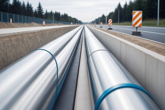Large metallic industrial pipelines installed underground along a highway with traffic signs and forest background under daylight conditions.
