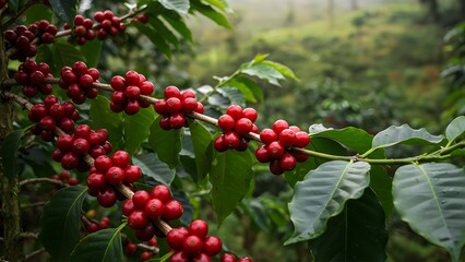 Obraz premium Ripe Coffee Cherries Growing on a Tree