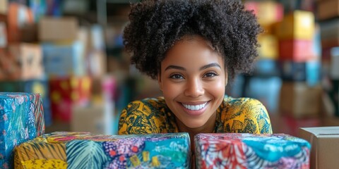 A smiling woman among colorful packages, ideal for e-commerce, small business, and shipping blogs or websites.

