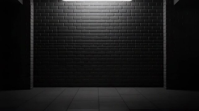 Dark empty room with black brick wall and tiled floor illuminated by fluorescent light, spotlight creating moody and dramatic atmosphere perfect for dark themed background or texture design