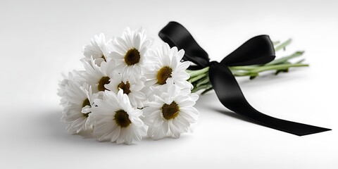 Mourning Bouquet of White Daisies Tied with a Black Ribbon: A Symbol of Sympathy, Condolences, and Remembrance on a White Background