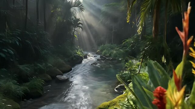 Sunbeams pierce lush rainforest stream