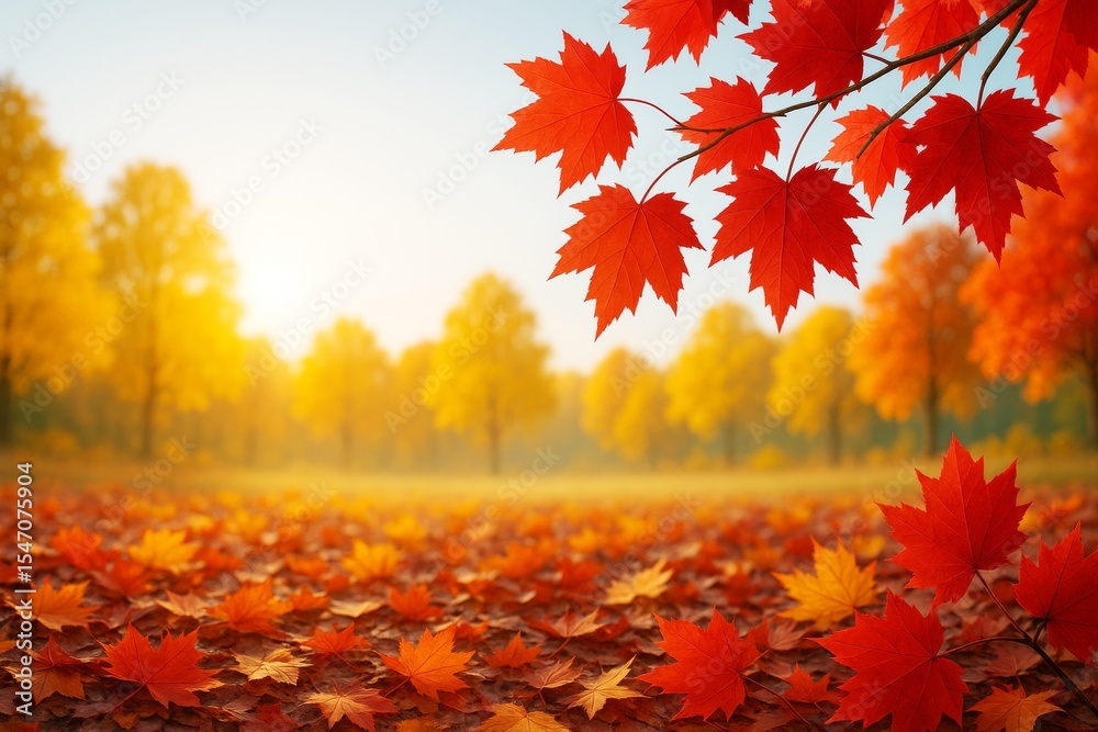 Poster Bright red and orange autumn maple leaves on ground and tree branch in colorful forest with golden light and soft background in fall landscape scene.