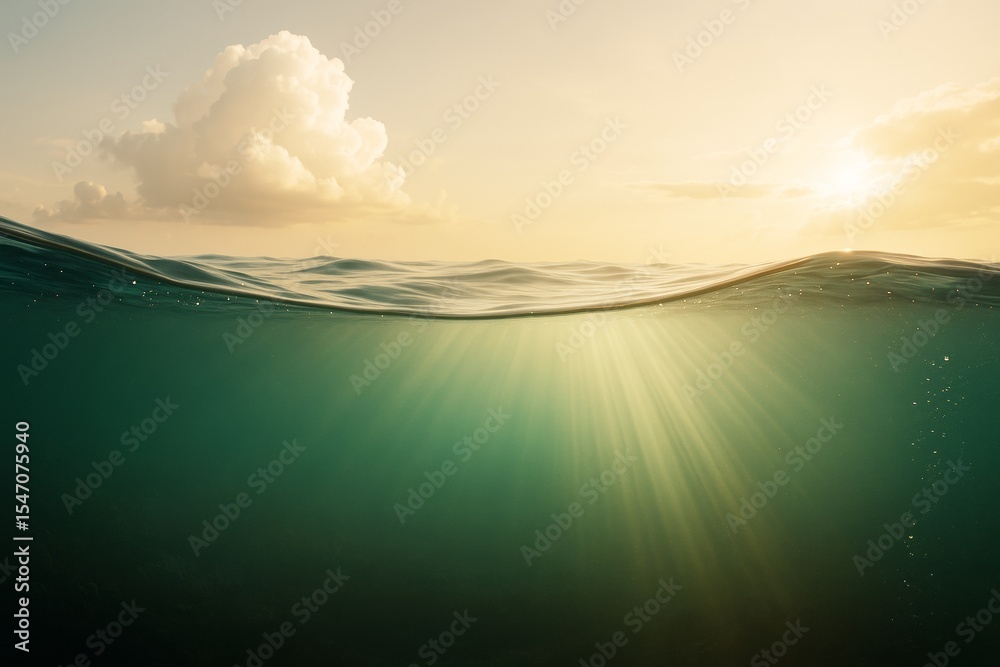 Poster peaceful ocean surface with sunlight rays underwater during golden hour with clouds and calm sea, pe