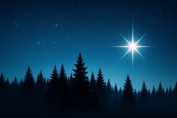 Bright star shining over dark forest with pine trees under clear night sky full of stars, symbolizing peace and nature's beauty at night.