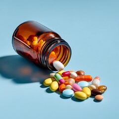 Colorful Pills Spilling from an Amber Glass Bottle on a Light Blue Background with Shadow Play, Medication and Healthcare Concept