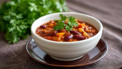 Hearty vegetable chili with kidney bean, tomato, carrot, corn, and fresh herb garnish white bowl brown plate, warm and comforting homemade meal, vegetarian chili with kidney bean, tomato, corn
