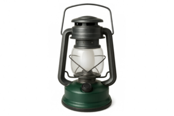 Vintage kerosene lantern in green and gray, casting a warm glow on a transparent background, evoking nostalgia and rustic charm