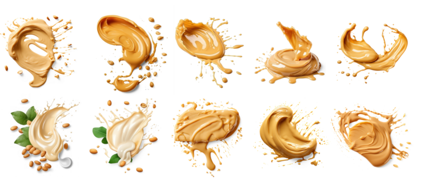 Various splashes of creamy, beige-colored liquid with a nutty undertone, including a few with green leaves and a few with a transparent background