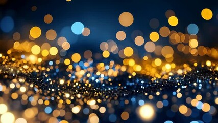 Abstract shimmering blurred glowing bokeh effect with blue and gold lights particles forming a magical atmospheric background