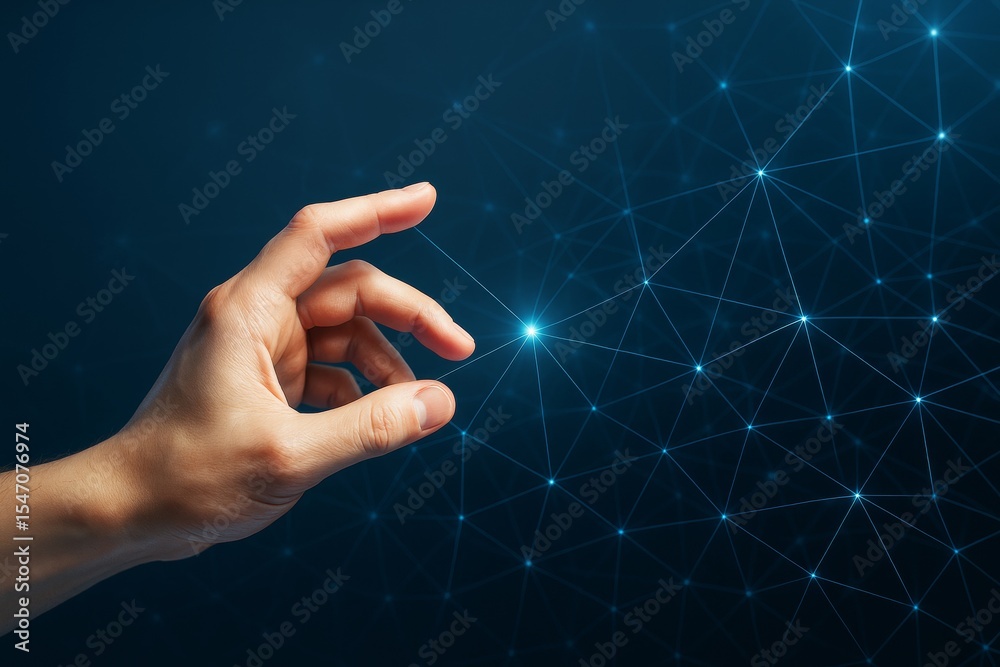 Poster Human hand touching digital network node on futuristic blue background symbolizing data connection and technology interaction concept.