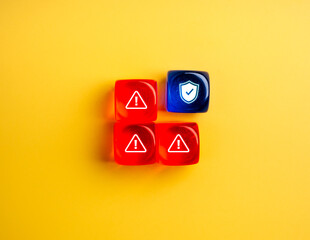 Cyber security, data protection, business and technology concept. Safety shield icon on blue dice...