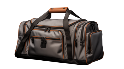 Stylish Grey Travel Duffle Bag with Brown Leather Accents Isolated on transparent background