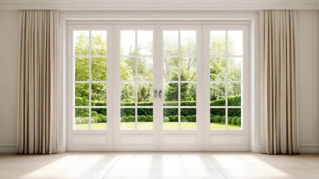 French door with glass panel opens to garden view featuring green tree and bush, beige curtain framing window frame, natural light fills spacious room enhancing home interior ambiance and peaceful