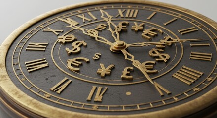 Obraz premium Vintage Clock with Currency Symbols and Roman Numerals Design