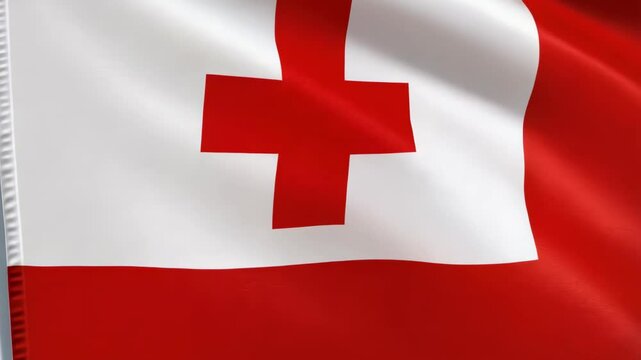 Waving flag of Tonga with a red cross on a white square in the upper left corner on a red background.