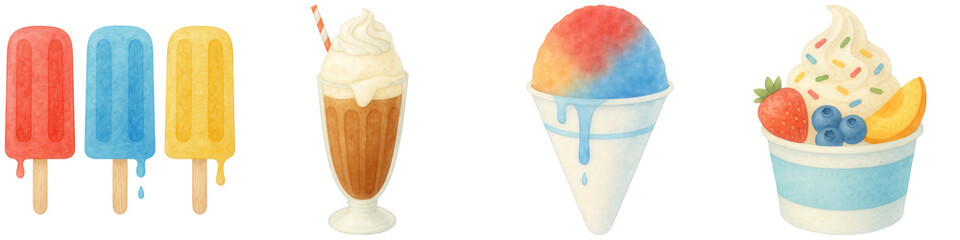 Four colorful popsicles, a milkshake with whipped cream, a dripping snow cone, and a cup of frozen yogurt topped with fruit and sprinkles.