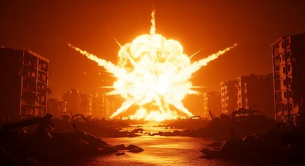 Urban explosion in city street with tall buildings on fire